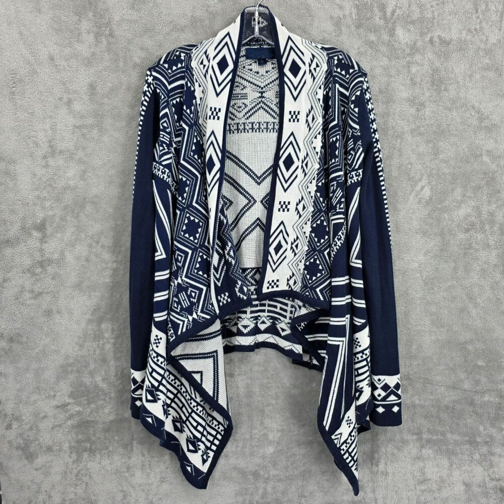 Blue Rain Waterfall Cardigan Sweater L Navy White Fair Isle Southwest Aztec Boho